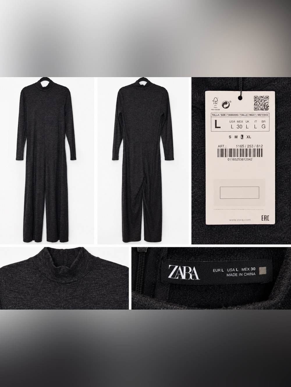 Zara Mock Neck Knit Jumpsuit Charcoal Gray Long Sleeve Wide Leg Size L NWT